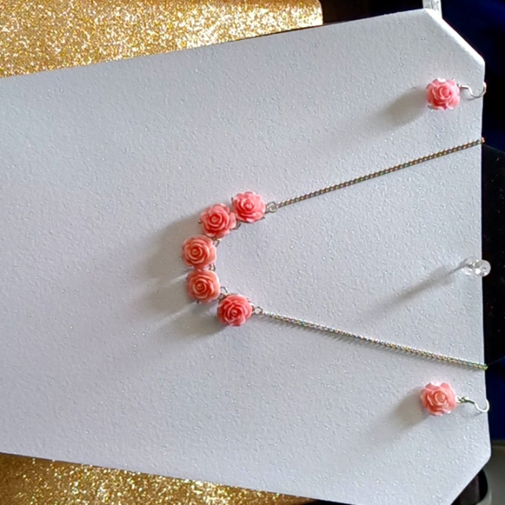 Handmade rose pink necklace with matching pink earrings